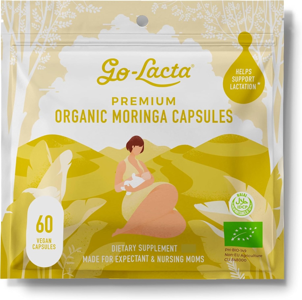 Go- Lacta ® 100% økologiske Moringa kapsler til ammende mødre - 60 kapsler - Pure Premium postnatale vitaminer - Amning Kosttilskud til at øge mælkeforsyningen - Postpartum vitaminer til kvinder