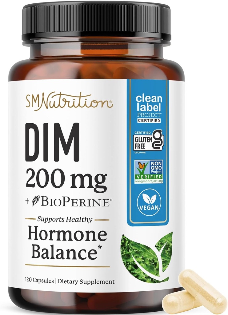 DIM Supplement 200 mg (120 Ct) | Estrogen Balance for Women & Men | Hormone Balance, Hormonal Acne Supplements, Menopause, Antioxidant & PMS Support | Non-GMO, Vegan, Soy Free | 4 Month Supply
