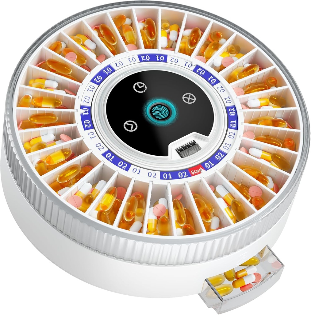 Windtrace ® Bluetooth Automatic Pill Dispenser til ældre med Alarm, Smart Pill Dispenser med 31- Slot, Fingerprint & Mekanisk Dual Lock Medicin Dispenser, Timet Dispenser til ældre