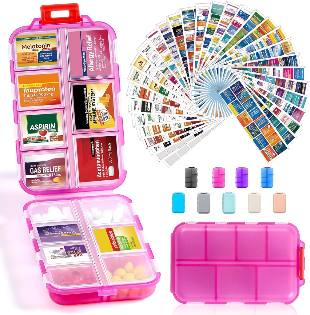 14 Grids Travel Pill Organizer Box med 415-Pcs Medicine Navn Labels - Pocket Daily Apotacy Case Container Kit - Rejse Medication Holder Dispenser for Fish Oil Vitamin Supplement Storage -Clear Pink