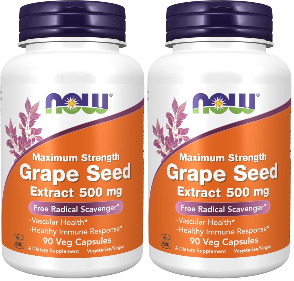 Now Supplements, Grape Seed Extract, Maximum Strength 500 mg (en stærkt koncentreret ekstrakt med et minimum på 90% polyphenoler), 90 Veg Kapsler, Rød / Brown, 0,25 pounds (pakke med 2)