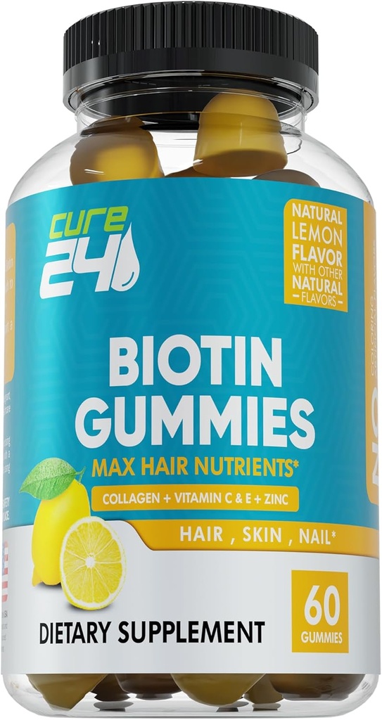 Biotin Gummies med C-vitamin, E, Collagen, og zink, biotin Gummies til hårvækst, Nail, Hud, Support, Lavet i USA 60 Gummies