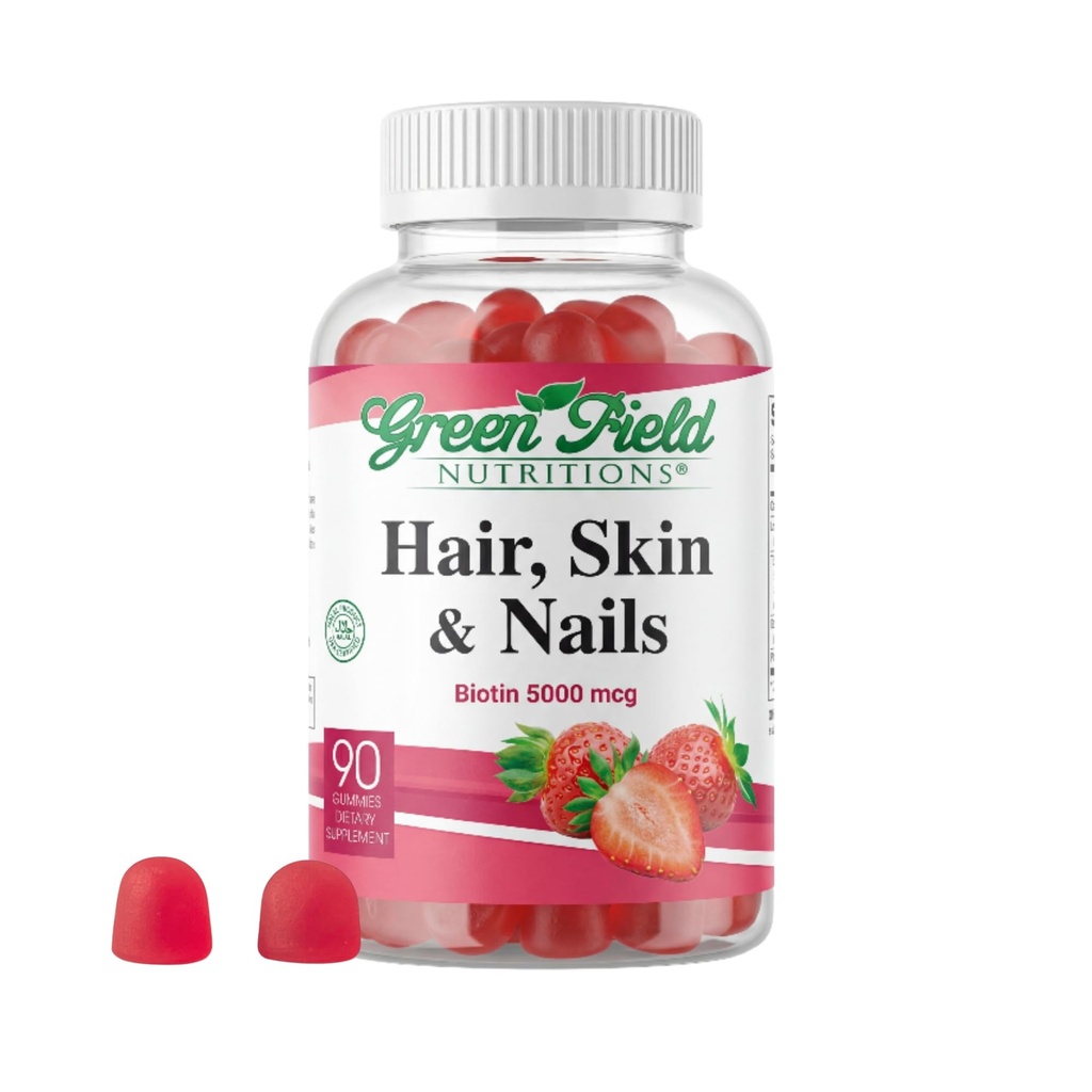 Greenfield Nutritions - Halal Biotin Gummies Vitamin til hår, hud og negle, understøtter fedt stofskifte, hårvækst, stærke negle og klar hud, Gelatine fri, ikke-GMO, og Gluten fri - 90 Gummies