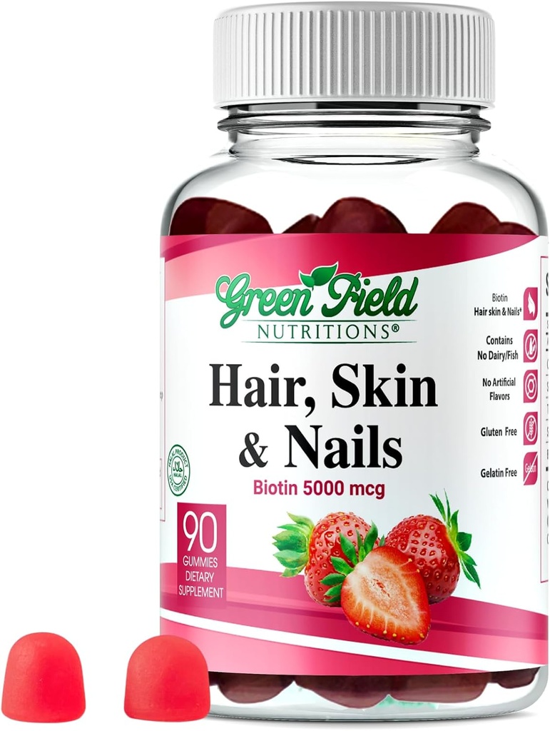 Greenfield Nutritions - Halal Biotin Gummies Vitamin til hår, hud og negle, understøtter fedt stofskifte, hårvækst, stærke negle og klar hud, Gelatine fri, ikke-GMO, og Gluten fri - 90 Gummies
