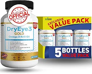 Dry Eye 3 Gold Omega 3 Krill Oil Extra Strength, 60 Softgels, Dry Eye Support, Non-GMO, Gluten Free, Sugar Free (5)
