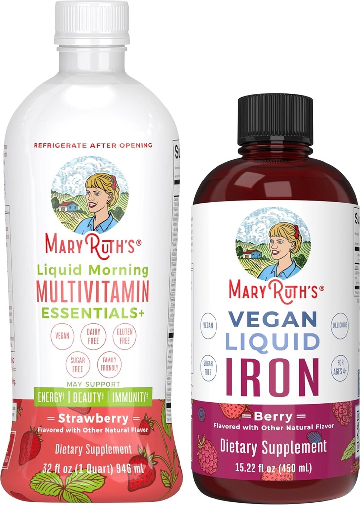MaryRuth 's Liquid Morning Multivitamin (Strawberry) & Iron Liquid (Berry) # 124; Clean Label Project Verified ® # 124; Vitaminer for energi, Immunitet, & Samlet sundhed # 124; Vegan, Non- GMO, Gluten Free