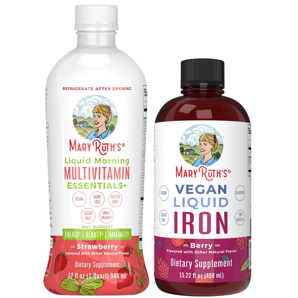 MaryRuth 's Liquid Morning Multivitamin (Strawberry) & Iron Liquid (Berry) # 124; Clean Label Project Verified ® # 124; Vitaminer for energi, Immunitet, & Samlet sundhed # 124; Vegan, Non- GMO, Gluten Free
