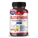 Glutathion supplement Aktiv Reduceret Form, Beriget med Resveratrol, NAC, Collagen, Hyaluronsyre, C-vitamin - Avanceret antioxidant til Immunitet & Detox; 150 kapsler