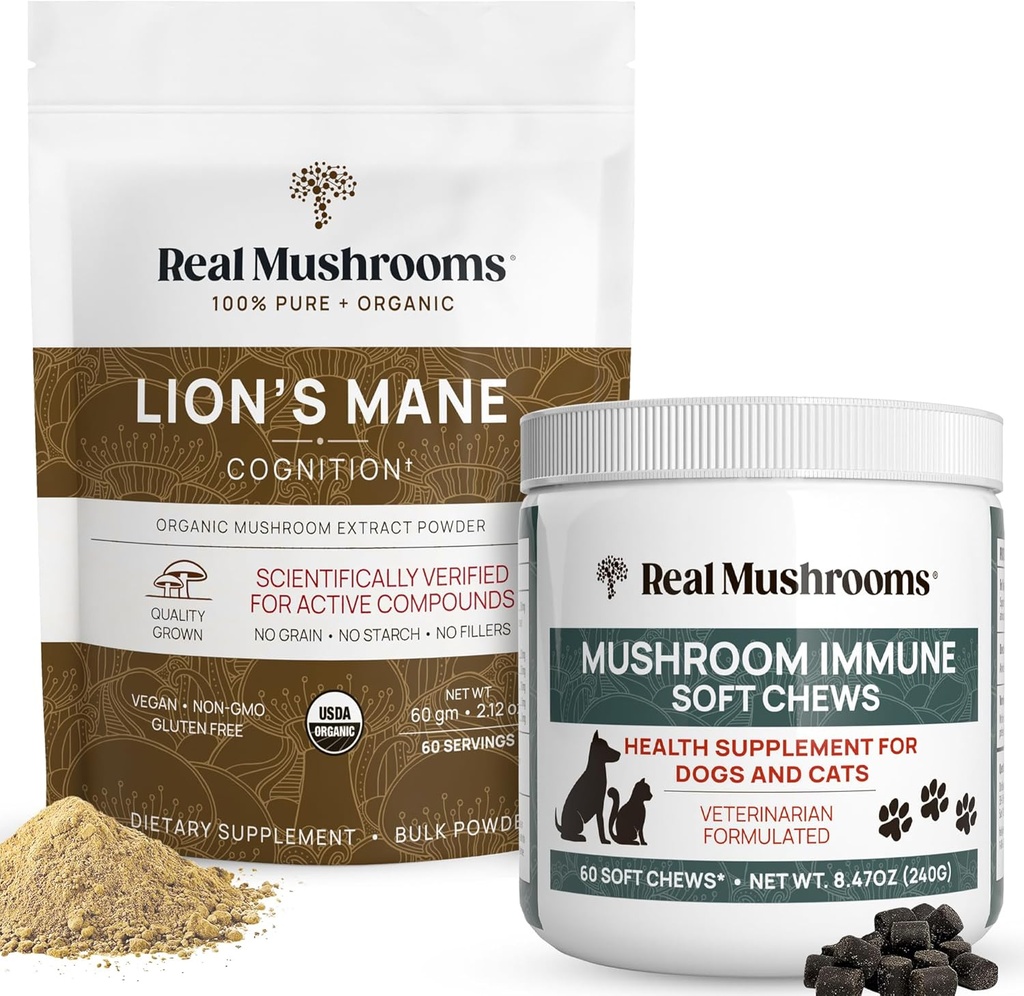 Real Mushrooms Lions Mane Powder for Humans (60g) & Mushroom Immune Pet Chews (60ct) - Bundle for Cognition & Immunity - Ashwagandha, Astragalus & More - Vegan, Non-GMO, Gluten-Free, Grain-Free