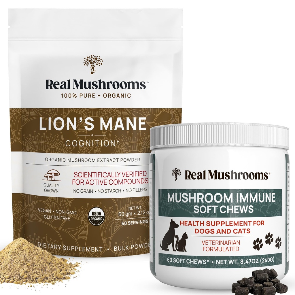 Rigtige svampe Lions Mane Powder til mennesker (60g) & Mushroom Immunpet Chews (60ct) - Bundle for Cognition & Immunity - Ashwagandha, Astragalus & Mere - Vegan, Non- GMO, Gluten- Free, Grain- Free
