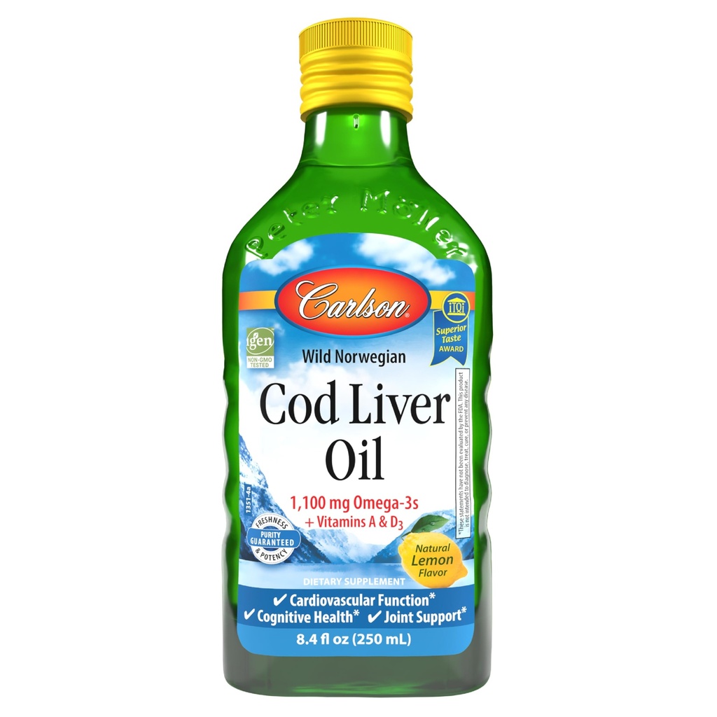 Carlson - Cod Lever Oil, 1100 mg Omega- 3s, Flydende Fish Oil Supplement, Wild-Fanget Norsk Arktis, Sustainable Sourced Nordic Liquid, Lemon, 250 ml