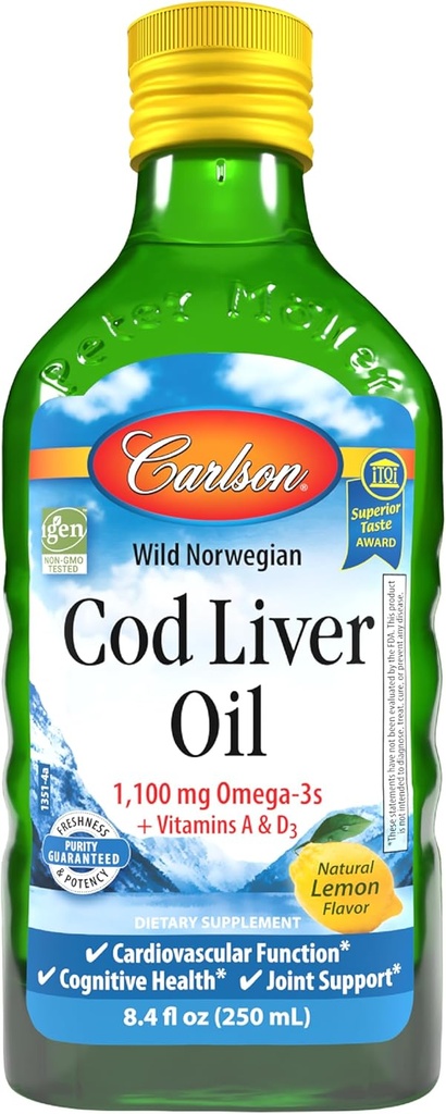 Carlson - Cod Lever Oil, 1100 mg Omega- 3s, Flydende Fish Oil Supplement, Wild-Fanget Norsk Arktis, Sustainable Sourced Nordic Liquid, Lemon, 250 ml