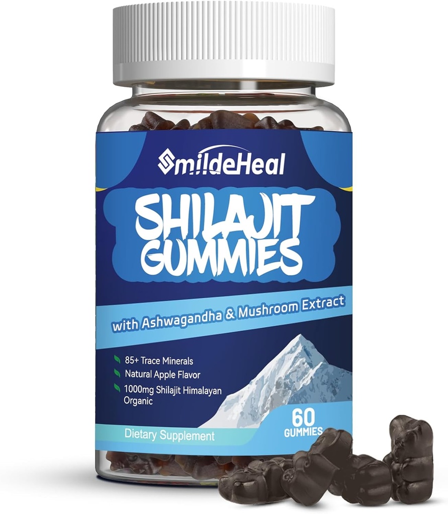 Shilajit Gummies 1000 MG, Organic Shilajit Supplement, 85 + Trace Minerals, with Ashwagandha, Mushroom - Energy, Brain, Immunity Support, for mænd og kvinder - 60 Count