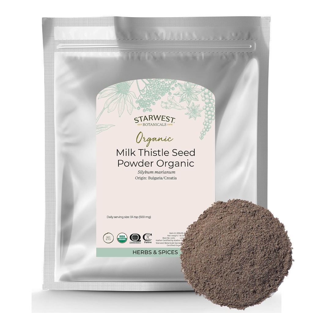 Starwest Botanicals Organic Milk Thistle Seed Powder - Ground Milk Thistle for Tea & Cooking, Mix in Juice, Tilføj til smoothies, Havregryn, & Yogurt, Certificeret Kosher, Non- GMO - Bulk 1 LB Bag