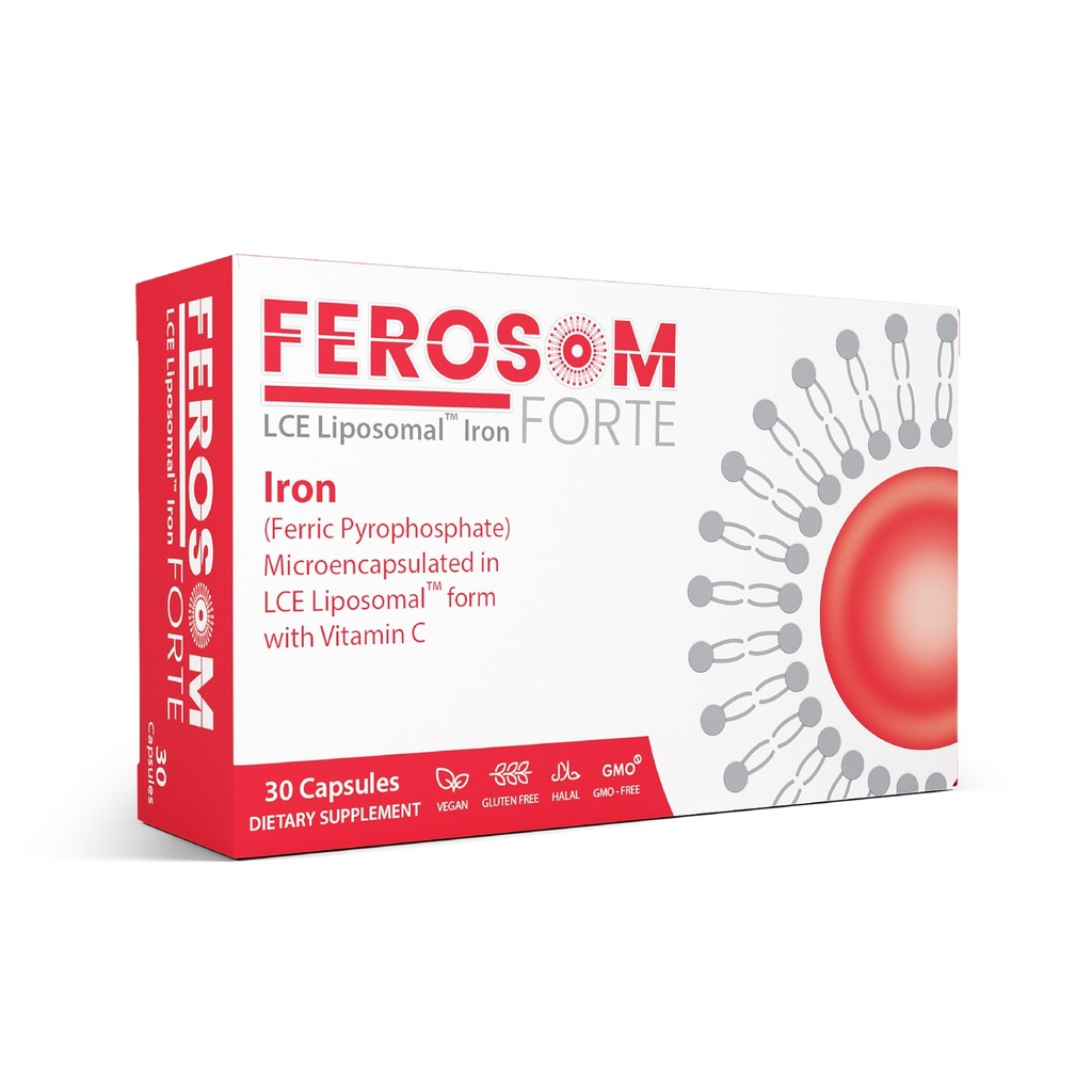 LCE Liposomale jernkapsler - 30mg Elementær jern med C-vitamin - mild supplement til kvinder og mænd - Easy- to- Swallow Vegan kapsler, 30 Tæl