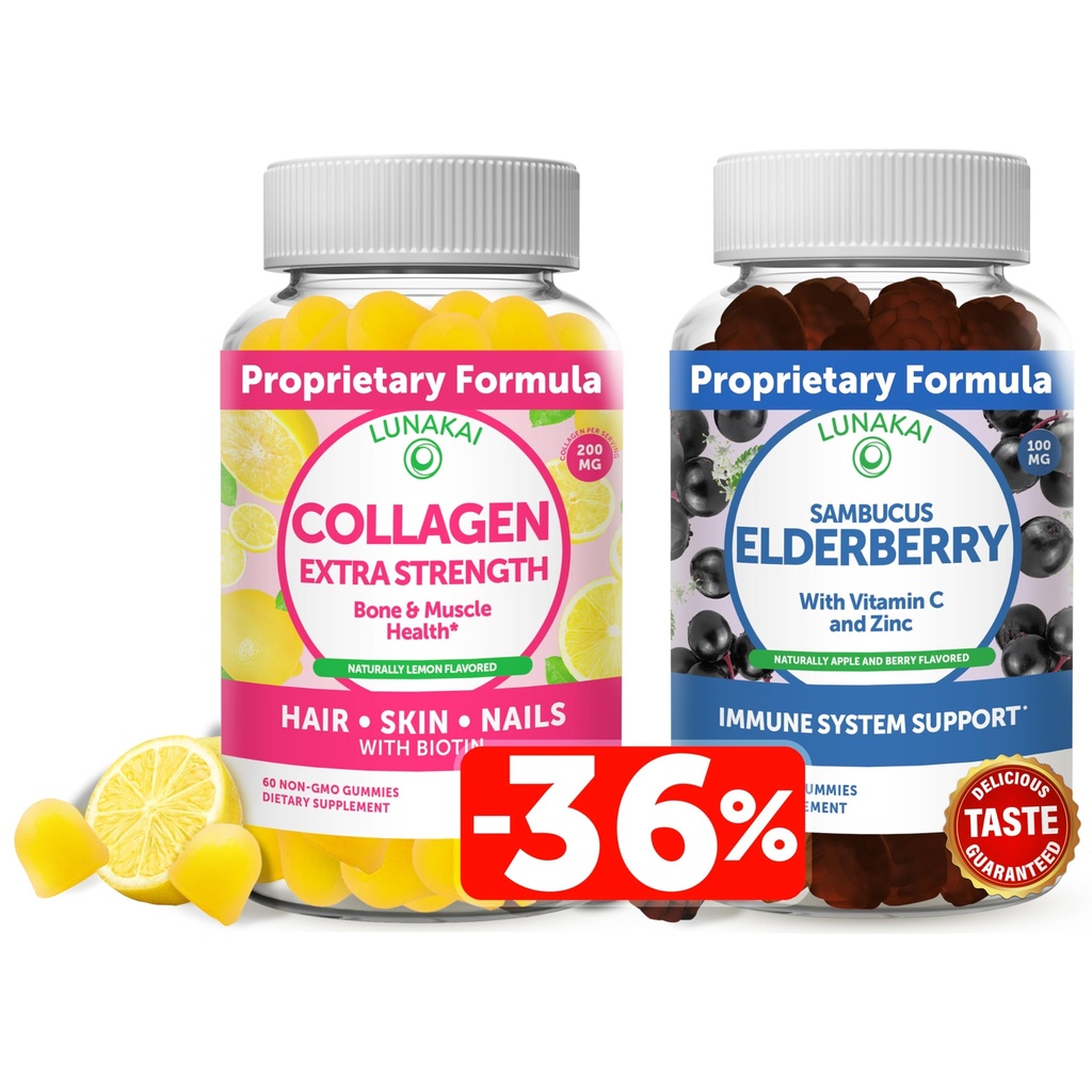 Lunakai Collagen and Elderberry Gummies Bundle - Anti Aging Supplements for Men & Women - Immune Support for Adults and Kids - Vegan, Non-GMO, No Corn Syrup, Gelatin Free, All Natural Black Sambucus