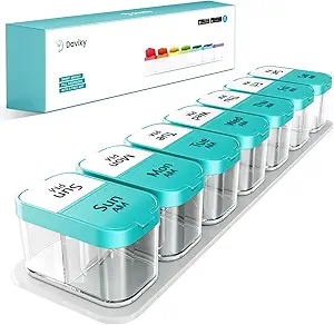 Daviky Large Weekly AM PM Pill Organizer - 7 dag, 2 gange om dagen med ekstra store kompartmenter for vitaminer, medicin, kosttilskud (Cyan)