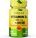 ORZAX Vitamin D3 10000 iu (250 mcg) - Non- GMO, Gluten Free, Sugar Free, Dairy Free - 120- Day Supply for Strong Muscle Function & immunsupport - Mood Supplement for Wellness (120 Softgel)