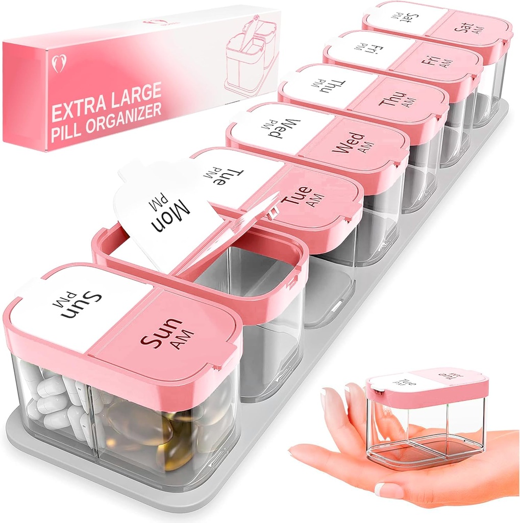 Ekstra Stor Ugentlig Pill Organizer - XL Vitamin Holder med 7 Detachable AM PM Compartments - Portable Medicine Dispenser til hjemmet og rejser, Big Supplement Container til Ugentlig eller daglig brug, Pink