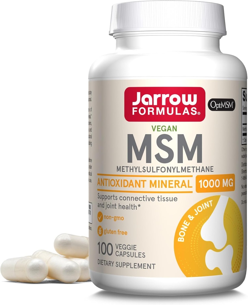 Jarrow Formulas MSM 1000 mg - 100 Veggie kapsler - Methylsulfonylmethan - Kilde til svovl - Kosttilskud Understøtter & Styrker Joints - Op til 100 Servere