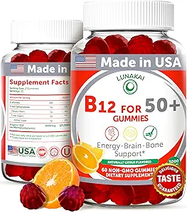 Lunakai USA Made Vitamin B12 Gummies for voksne 50 +, Non- GMO B12 for energi & Vitality Boost, Lækker Orange Flavor, 60ct