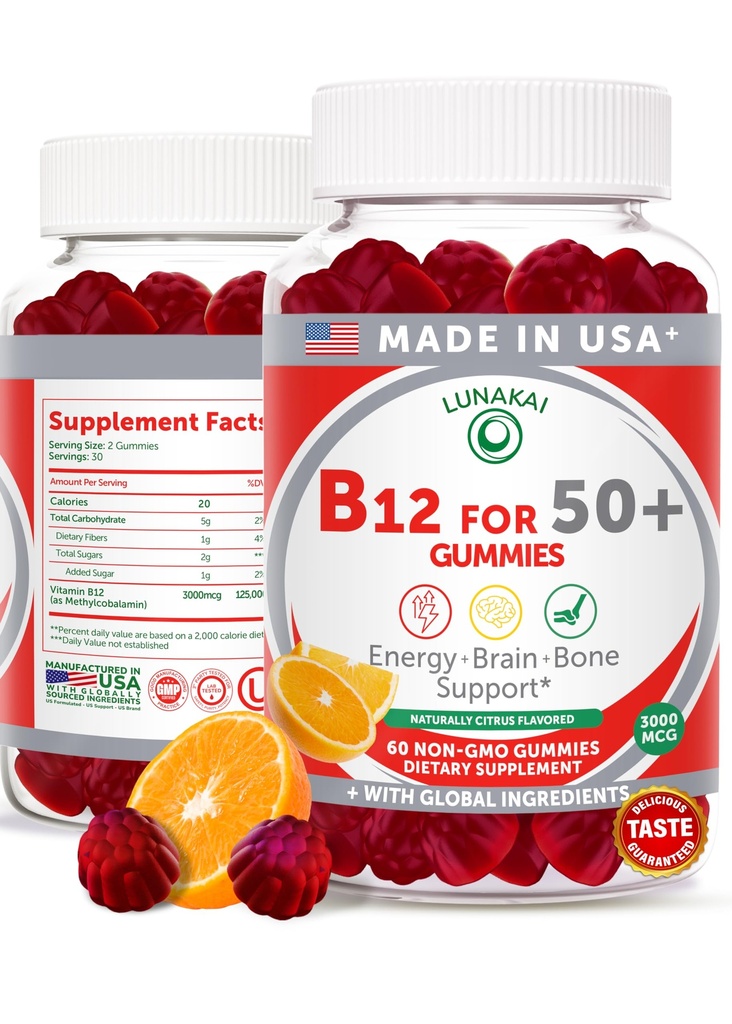 Lunakai USA Made Vitamin B12 Gummies for voksne 50 +, Non- GMO B12 for energi & Vitality Boost, Lækker Orange Flavor, 60ct