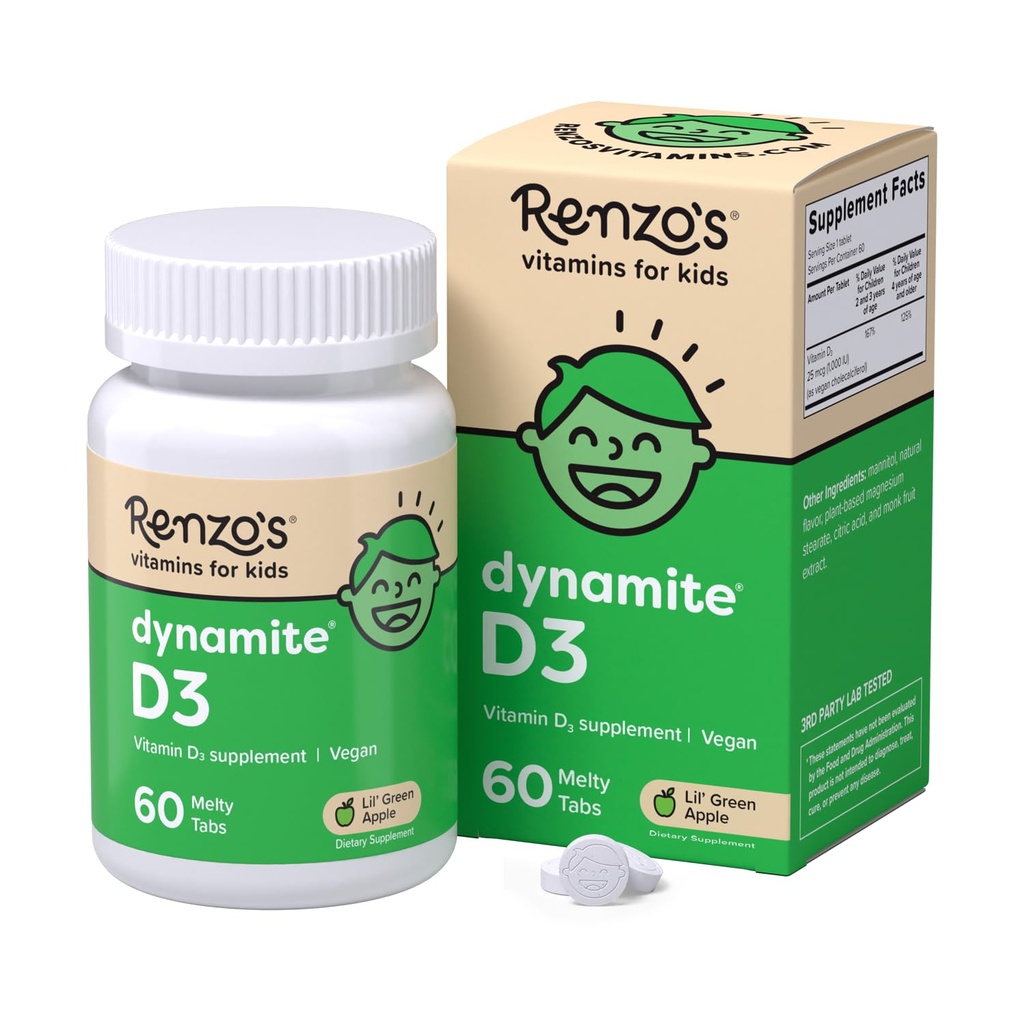Renzos Dynamit Vitamin D3, Opløsning Kids Vitamin D3, 60 Sugar- Free Melty Tabs, Lil 'Green Apple Flavored