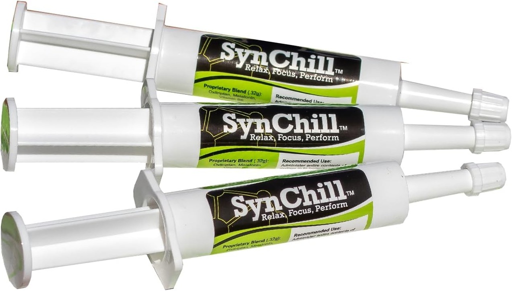 SynChill Oral Horse Calming Gel, 100% Natural & Nutritional Supplement, Lab Proven Resultater, Designet til Focus & Performance, Godkendt af Olympic Professionals & Veterinarians, Made in USA - 3-Pack