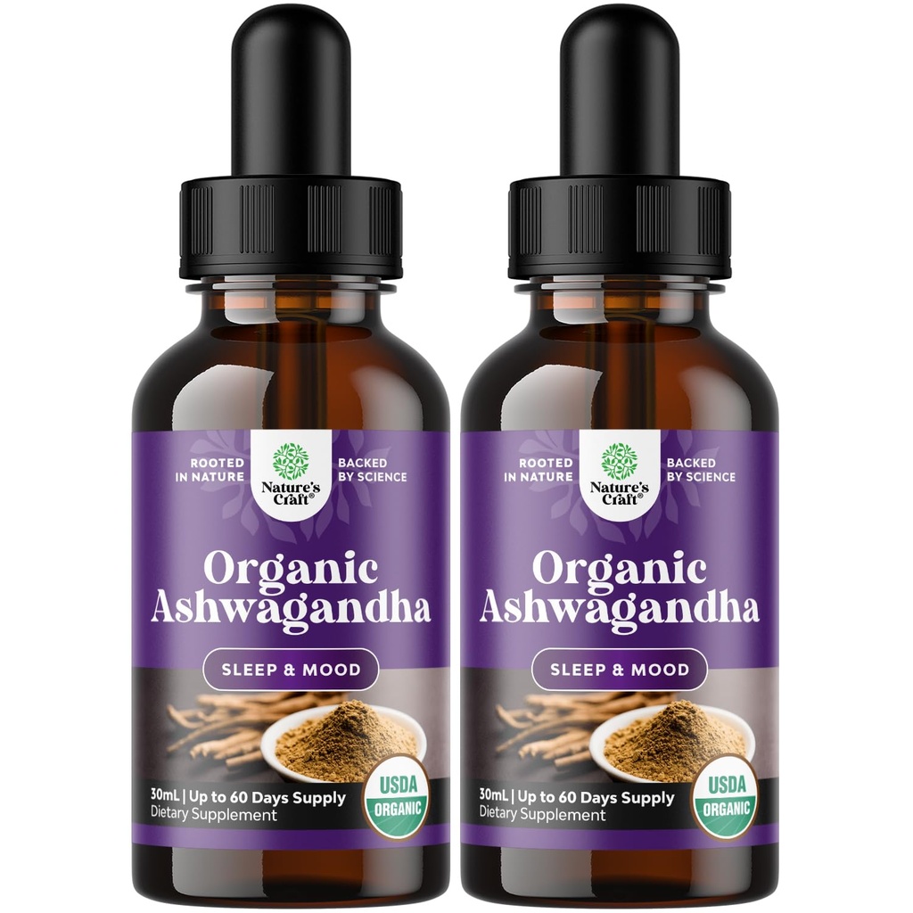 Natures Craft USDA Organic Ashwagandha Liquid Drops - Flydende Ashwagandha Root Extract for Stress and Mood Support - Tasty Adaptogen Tinktur Non GMO Vegan Gluten Alkohol and Sugar Free (2 Pack)