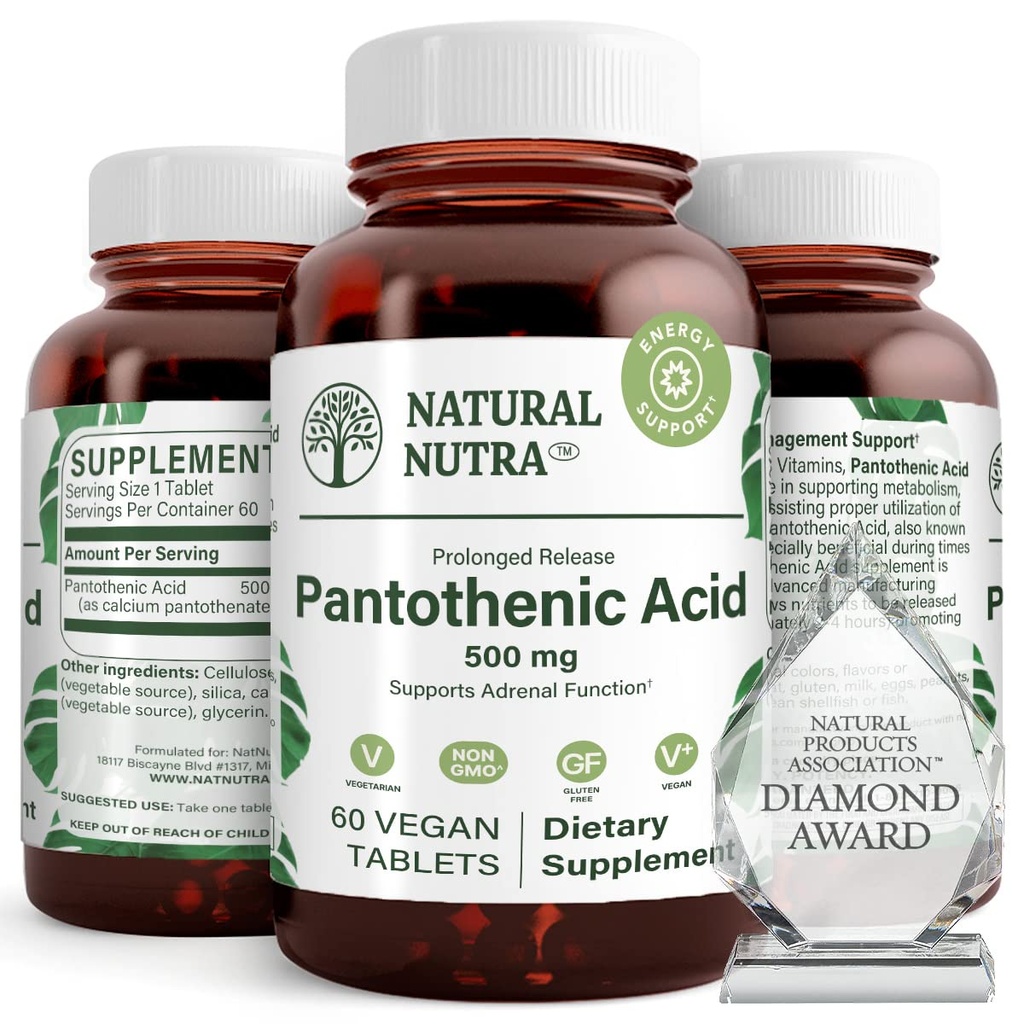 Naturlig Nutra tidsudløsning Pantothensyre 500 mg, Vitamin B5 supplement Hjælper Bryd ned fedt og kulhydrater, Metabolisme og energi, Forbedre muskelsundhed, Reducere hudpletter, 60 vegetariske tabletter