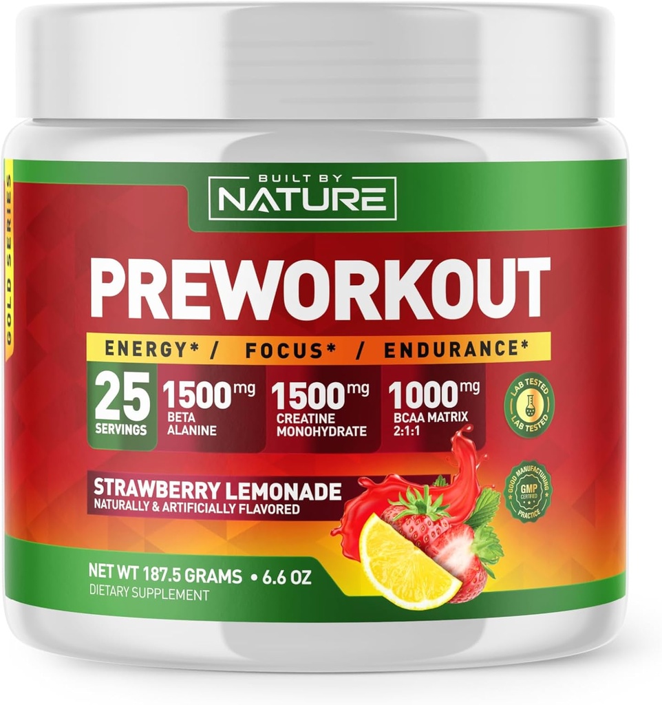 Bygget af Nature Pre Workout Pulver med Beta Alanine, Creatinine monohydrat, BCAA, L Citrullin, L Arginin og Koffein - Jordbær Lemonade Flavor - 25 Servere