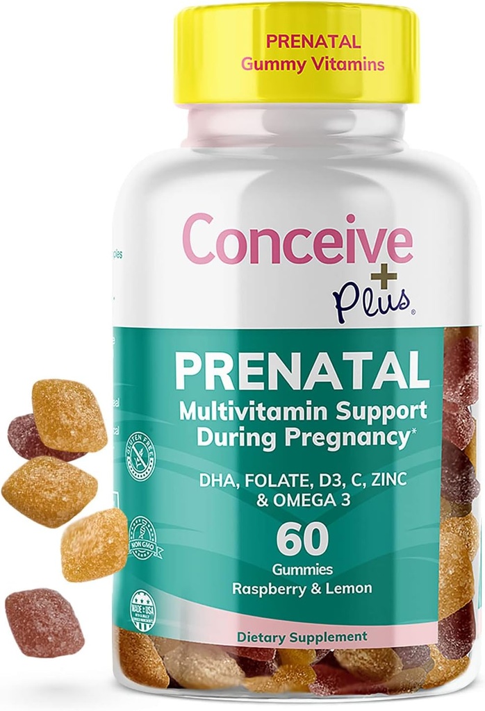 CONCEIVE PLUS Prenatal Gummies - DHA, Folinsyre, vitamin D3, C, Zink, og Omega 3, Natural Lemon + Raspberry Flavor, 60 Greve, 30 Day Supply