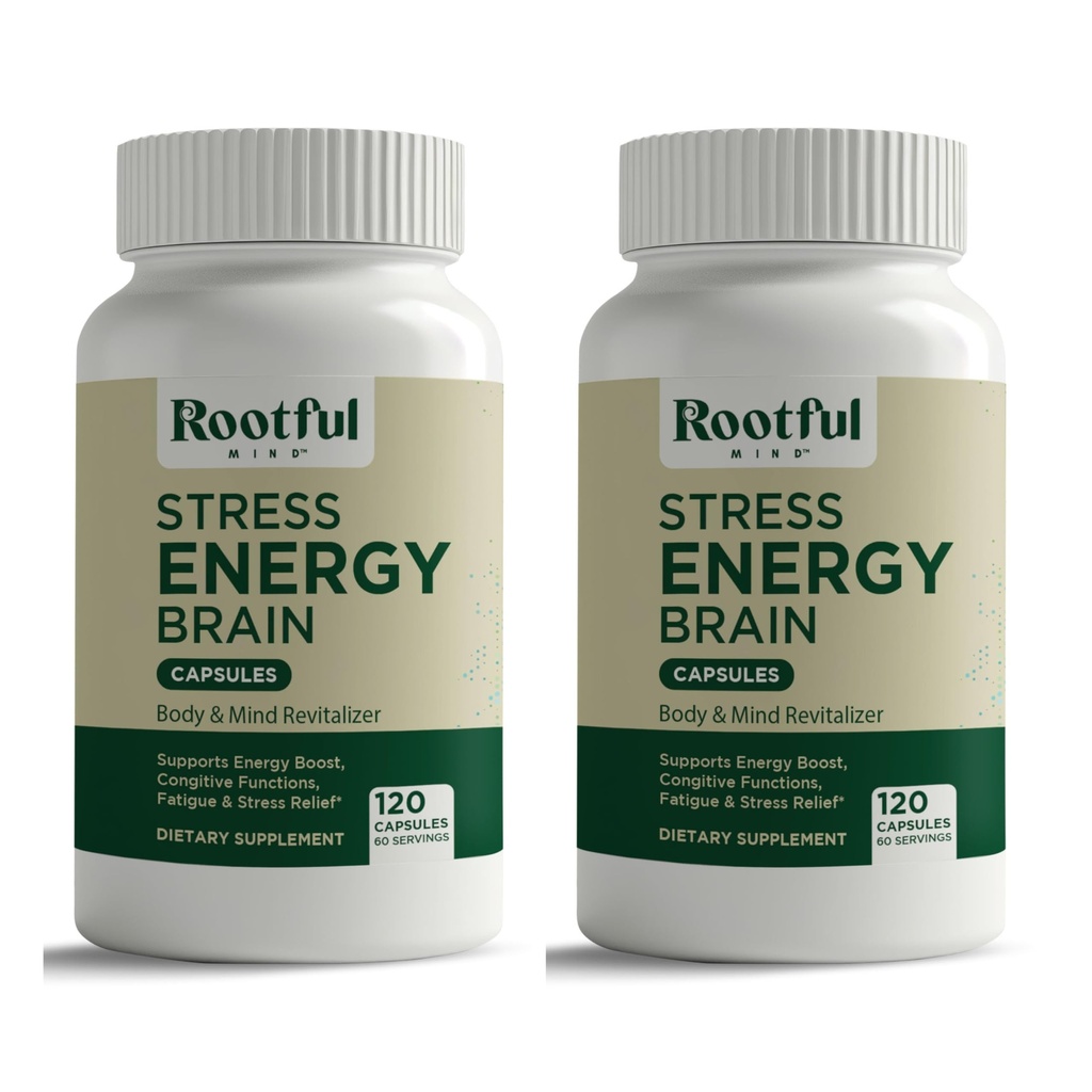 Stress Energy Brain - Træthed Supplement med Cortisol, Stress, Energistøtte - Rhodiola Rosea, Lions Mane, L Theanine, Ginkgo Biloba, Milk Thistle, Jern - 2 Måneders Tilgang