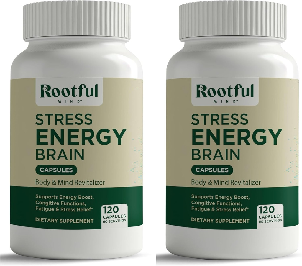 Stress Energy Brain - Træthed Supplement med Cortisol, Stress, Energistøtte - Rhodiola Rosea, Lions Mane, L Theanine, Ginkgo Biloba, Milk Thistle, Jern - 2 Måneders Tilgang