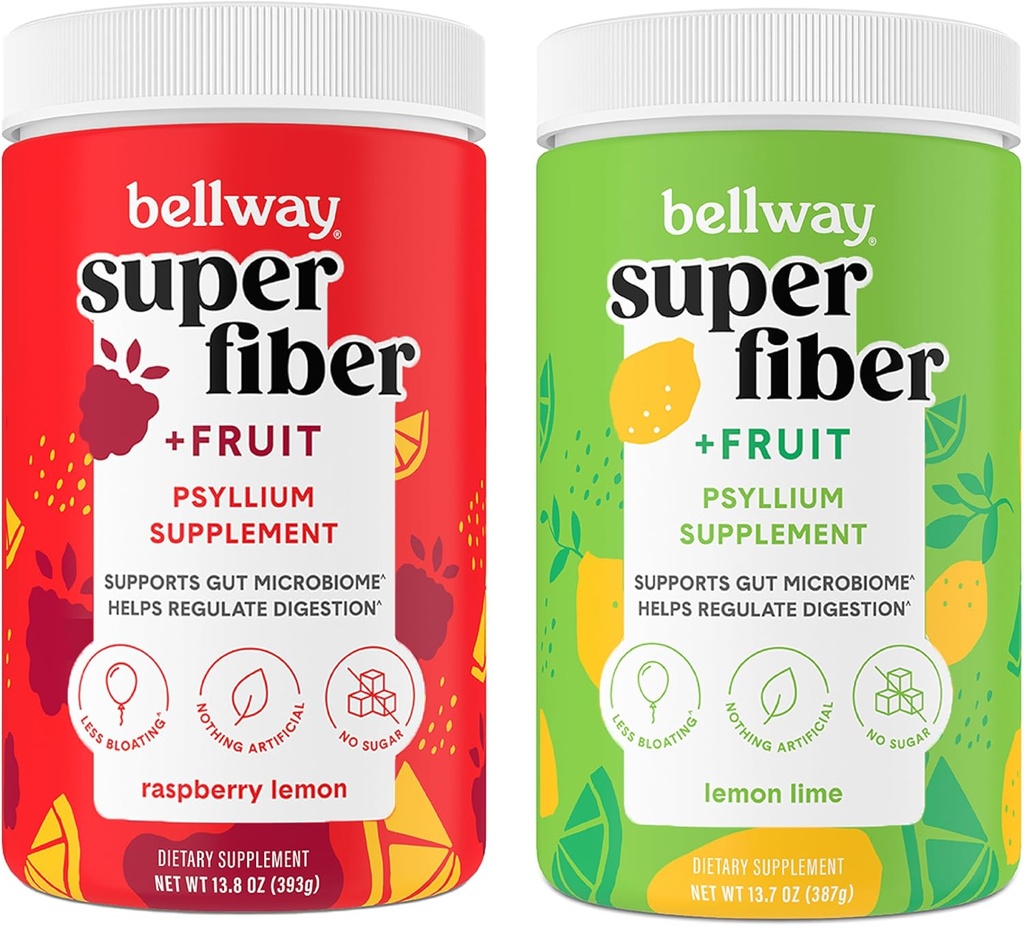 Bellway Super Fiber Powder + Frugt, Sukker Free Organic Psyllium Husk Powder Fiber Supplement for regelmæssighed, Bloating Relief & Gut Sundhed, Non- GMO, Plant- baseret, Raspberry Lemon & Lemon Lime