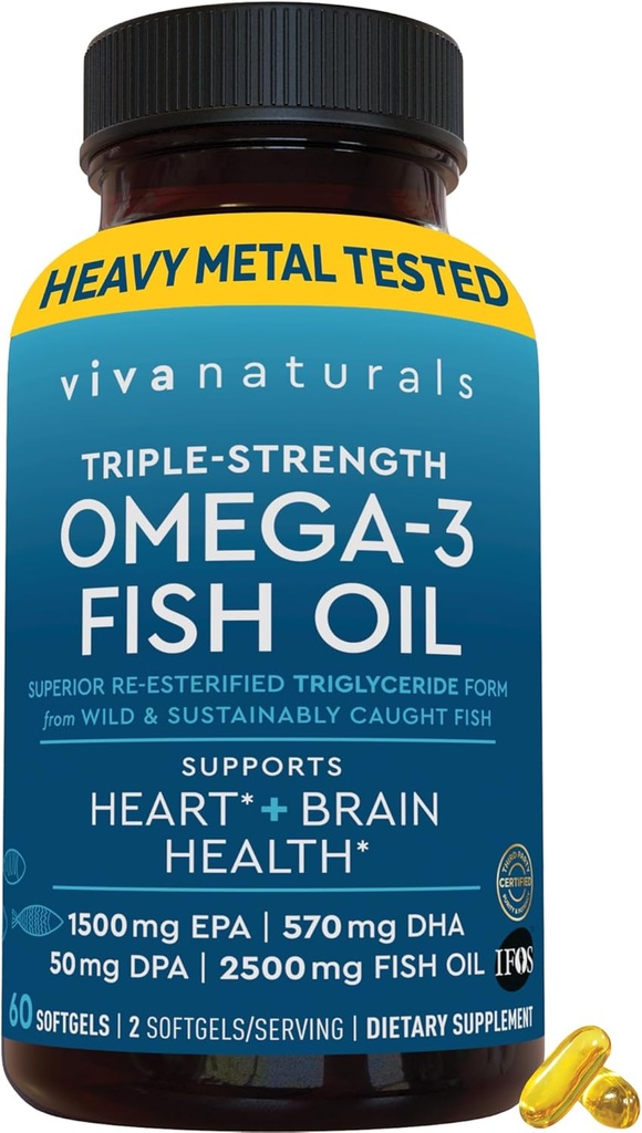 Viva Naturals Omega-3 Fish Oil, Triple Strength, 2500 mg, 60 Softgels - Re- Esterified Omega 3 Fedtsyrer herunder EPA, DHA, DPA - Passatarian-Friendly