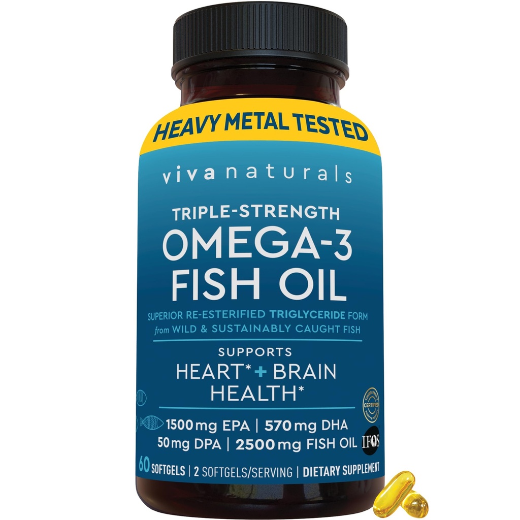 Viva Naturals Omega-3 Fish Oil, Triple Strength, 2500 mg, 60 Softgels - Re- Esterified Omega 3 Fedtsyrer herunder EPA, DHA, DPA - Passatarian-Friendly