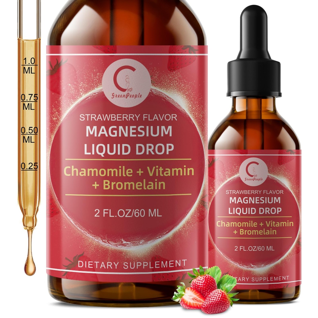 Triple Magnesium Complex Liquid Drops - Magnesium Glycinate Liquid Drops, Taurat & Citrate med L-theanin, vitamin B6 til søvn, muskel, immunforsvar, Vegan, non-GMO, jordbærsmag, 2 Fl OZ
