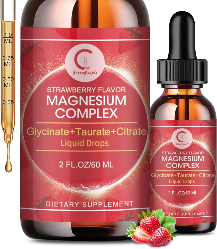 Triple Magnesium Complex Liquid Drops - Magnesium Glycinate Liquid Drops, Taurat & Citrate med L-theanin, vitamin B6 til søvn, muskel, immunforsvar, Vegan, non-GMO, jordbærsmag, 2 Fl OZ