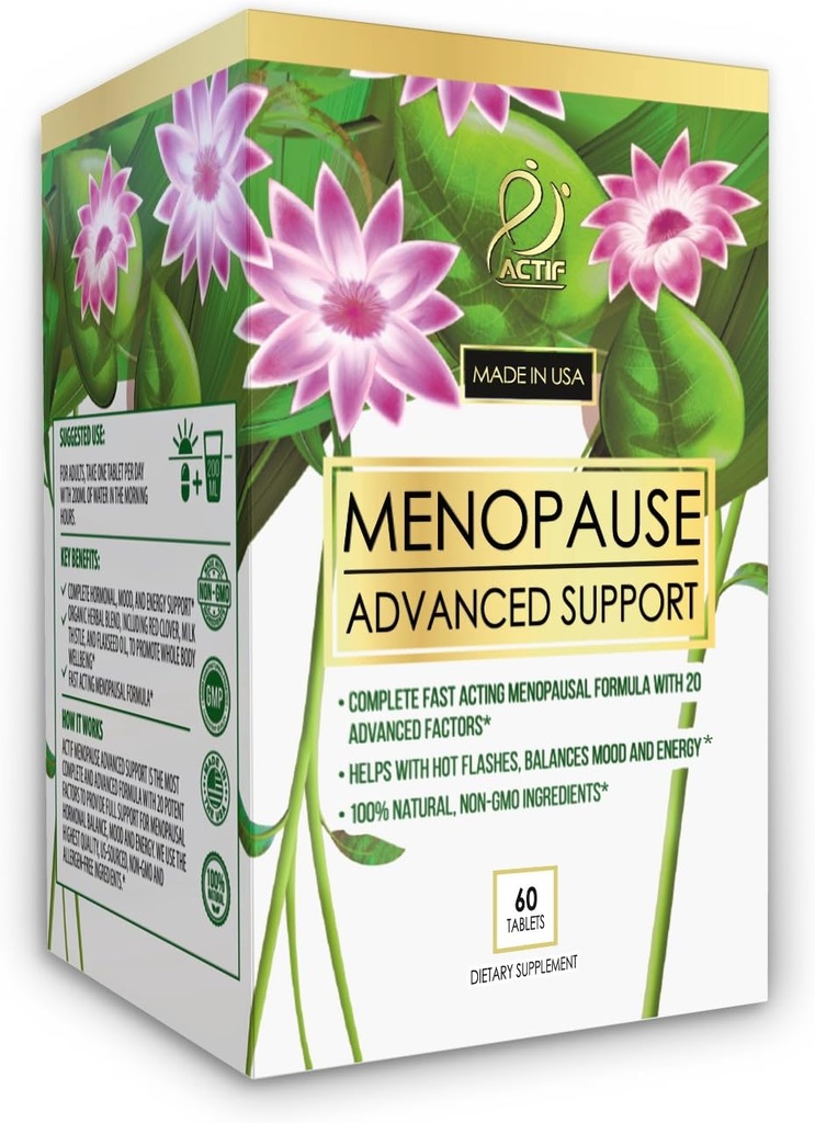 Actif Menopause Advanced Support with 20+ Organic Vitamins and Herbs - Relieves Hot Flashes, Night Sweats - Non GMO, Fast Acting, Made in USA, 60 Count