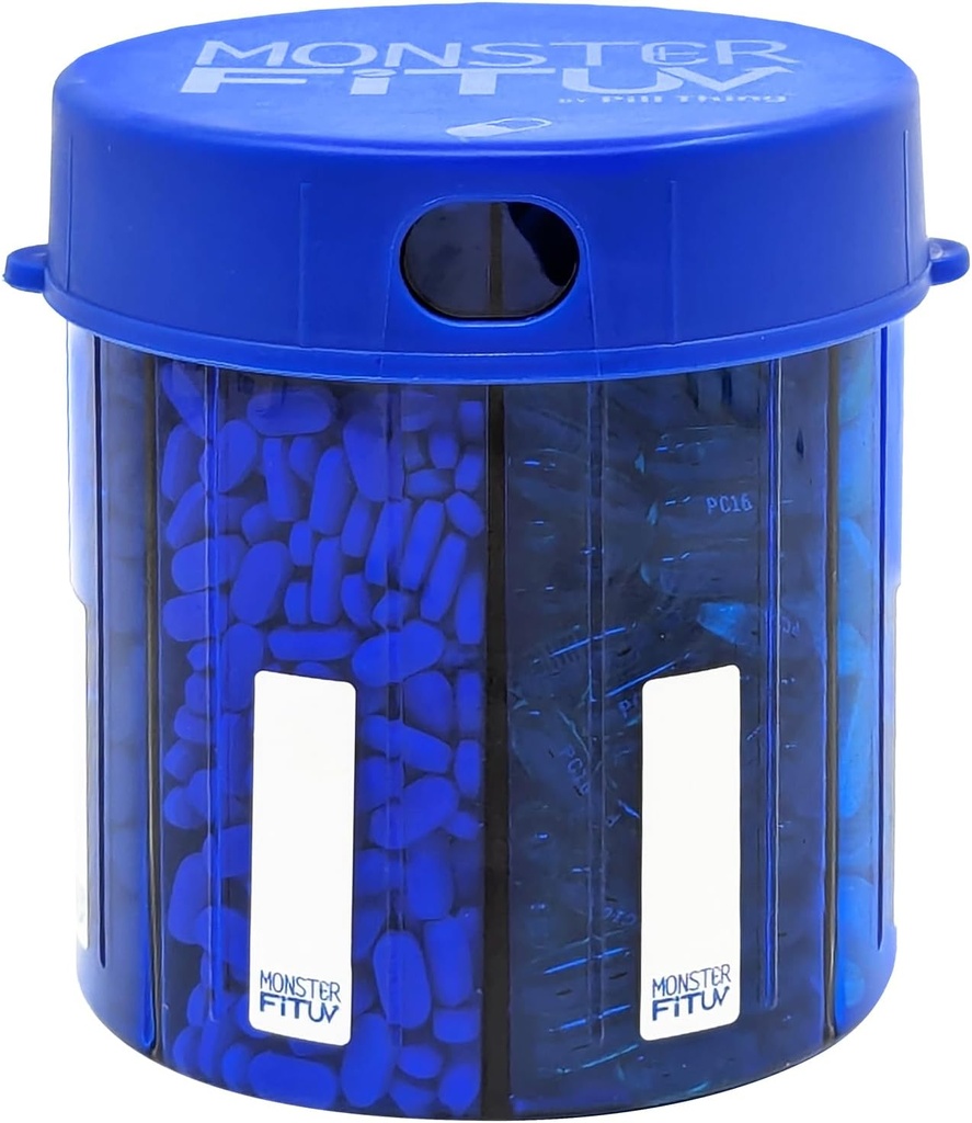 XL tillæg Pill Dispenser Flaske, 7 Segment, Labels, Easy Open, Anti- Mixing, UV Protected Organizer, Ekstra store månedlige Vitamin, Monster Fit Medication Holder (Cobalt Blå, Stor)