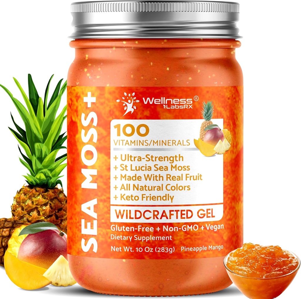WELLENess LASSRX Irish Sea Moss Gel Raw - Fremstillede Superfood Seamoss Gel - Ananas Mango Flavor, Vitamin og Mineral- Rich fra Pristine Caribbean Waters - 10 oz.