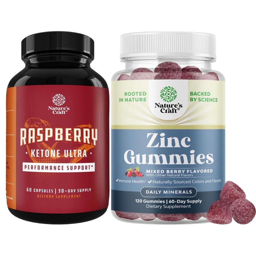 Bundle af Raspberry ketoner, Green Tea Extract & African Mango Blend og ekstra styrke Zink gummier til voksne - Potent ingredienser til at fremskynde vægttab, Gluten og Gelatine fri
