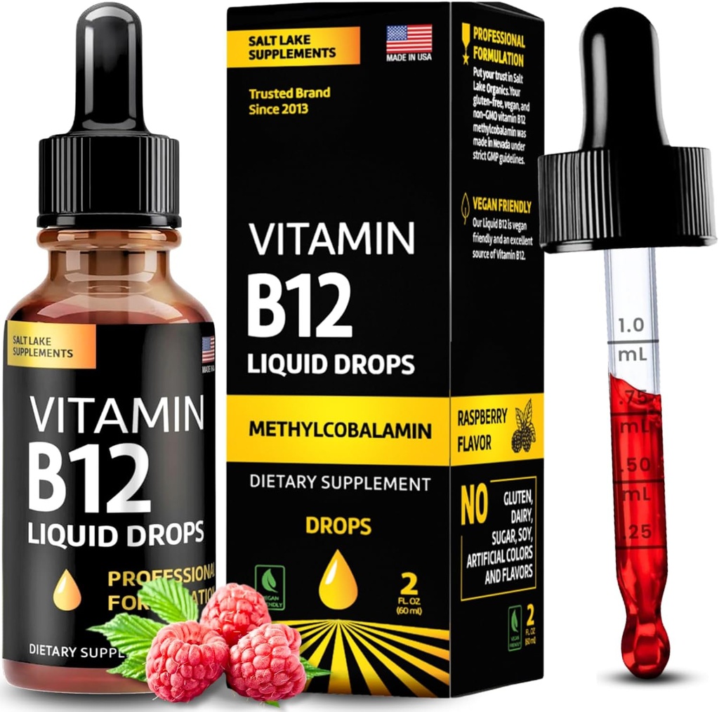Vitamin B12 flydende dråber - Vegan B12 vitaminer 5000 mcg methylcobalamin Fast- Fungerende Sublingual B Complex flydende vitamin B2, B3, B6 - non-GMO, Ingen Dairy, Soy & Sugar, Raspberry Flavor, 2 fl. oz.