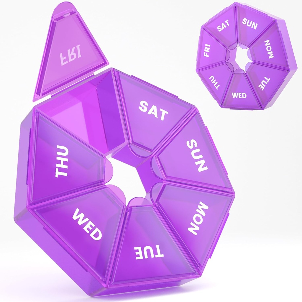 Ugentlig Pill Organizer, 2 Pack Portable Pill Box Medicine sag 6 Farver (Seven Day) Ny udgave af Vitamin / Fish Oil / Pills / Supplements- Gigt Friendly (Purple)