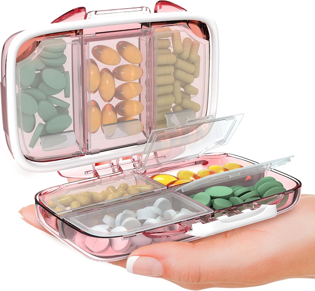Travel Pill Organizer - Fugt bevis Portable Vitamin Holder med 7 afdelinger, Kompakt supplement sag for purse Essential Medicine Kit fot Traveling Pocket Apotek med etiketter, Pink