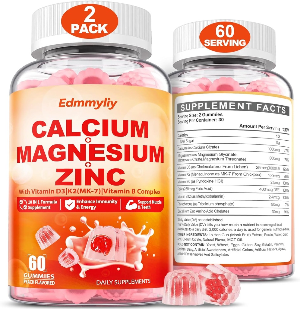 Calcium Magnesium Zink supplement Gummies med vitamin D3 K2 & B Complex for Women Men 1000mg Calcium Citrate med Magnesium Gummies for Ben, Muskler & immunforsvar, Sugar Free, Vegan
