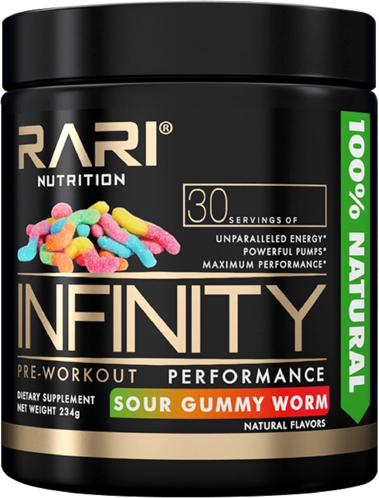 INFINITY - 100% Natural Preworkout Powder for Energy, Focus, and Performance - Mænd og kvinder - Vegan og Keto Friendly - Ingen Creatin - 30 Servering (sour vingummi)