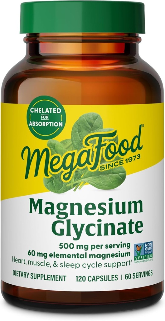 MegaFood Magnesium Glycinate 500mg - Chelated Magnesium Supplement - 60mg Elemental Magnesium - Trøst på maven - Understøtter normal søvn cyklus og sund stress respons - 120 kapsler 60 Serveringer
