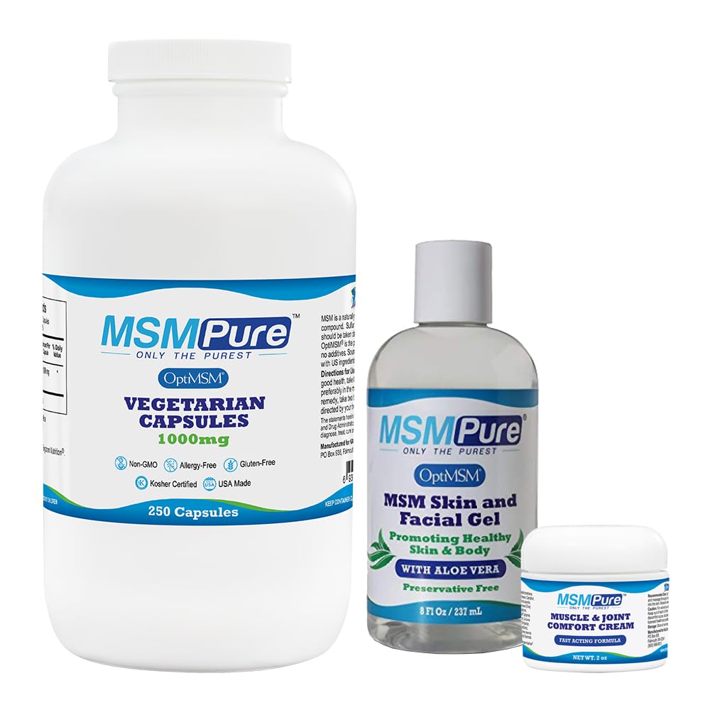 KALA Health MSMPure Starter Bundle med MSM kapsler 250 Greve, MSM Muscle & Joint Cream 2oz og MSM Gel med Organic Aloe 8oz